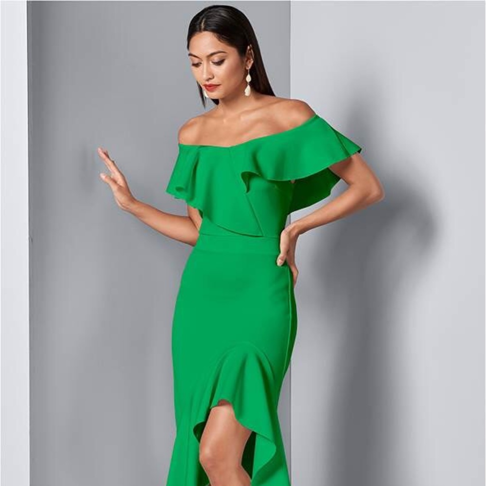 Venus Green ruffled off shoulder semi formal dress size large / 12